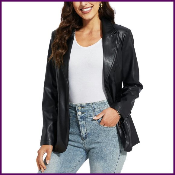 Faux Leather Blazer Jacket Oversized Moto Biker Coat Vegan Pleather